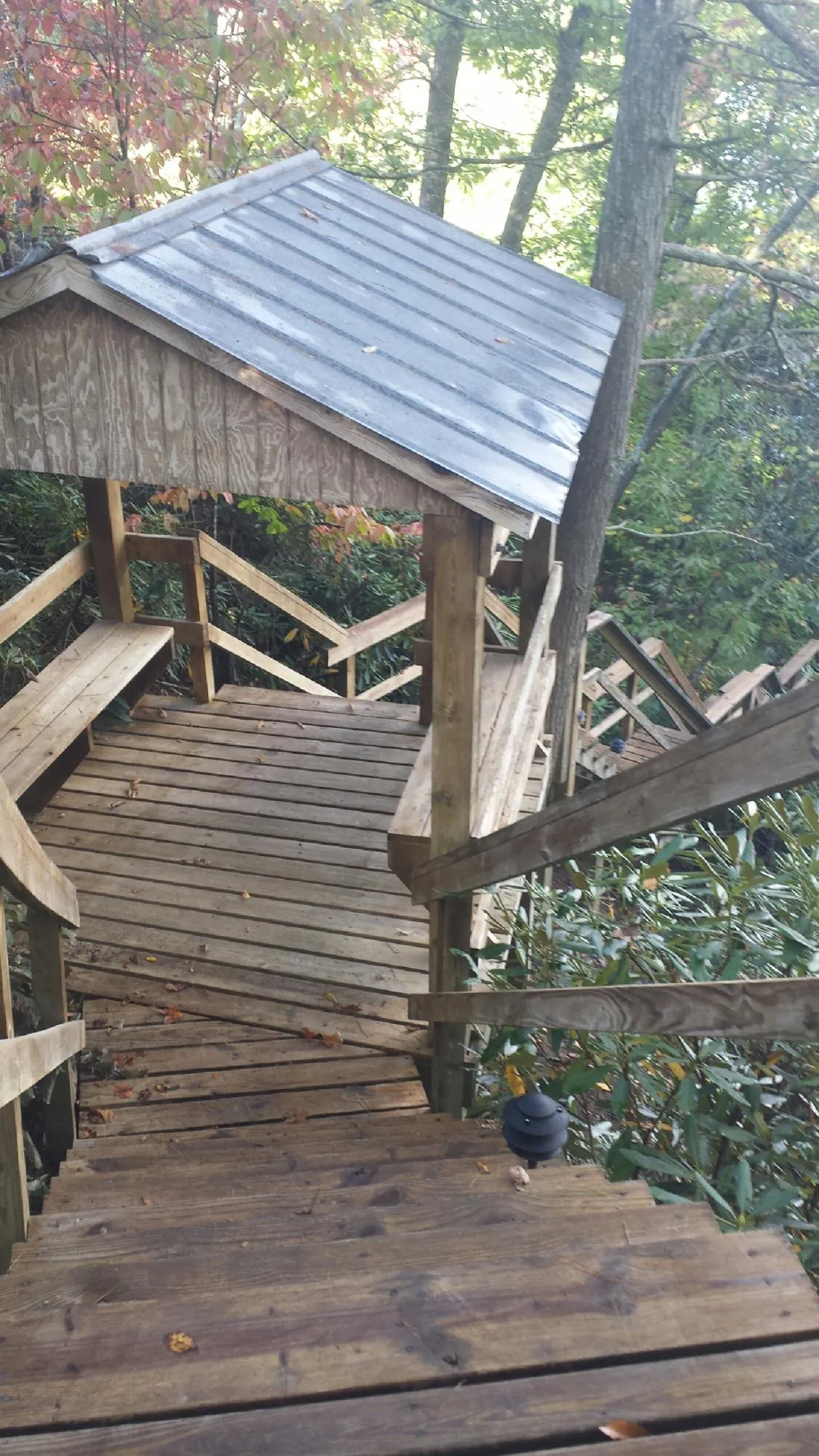 Metal roofed shelter over wooden steps on a wooded walkway — Skylight Repair & Installation work by our crew in Austell